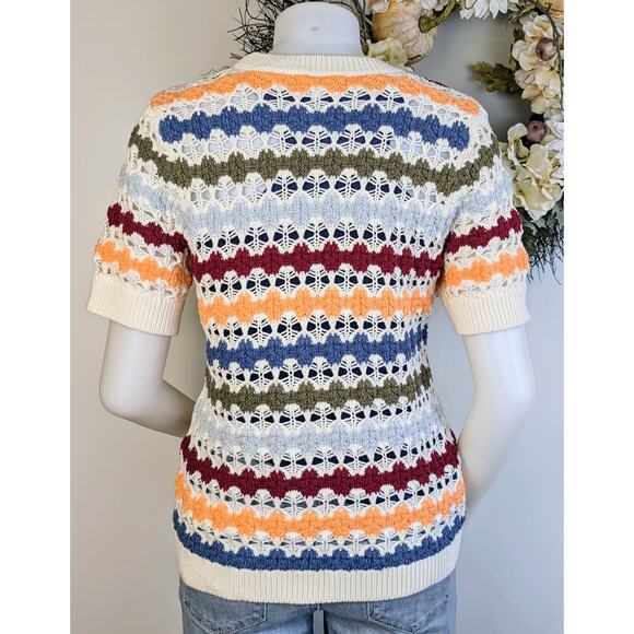 Cato Crochet Sweater Medium Multicolor Stripe Cotton Open Knit Short Sleeve Boho - Picture 5 of 9